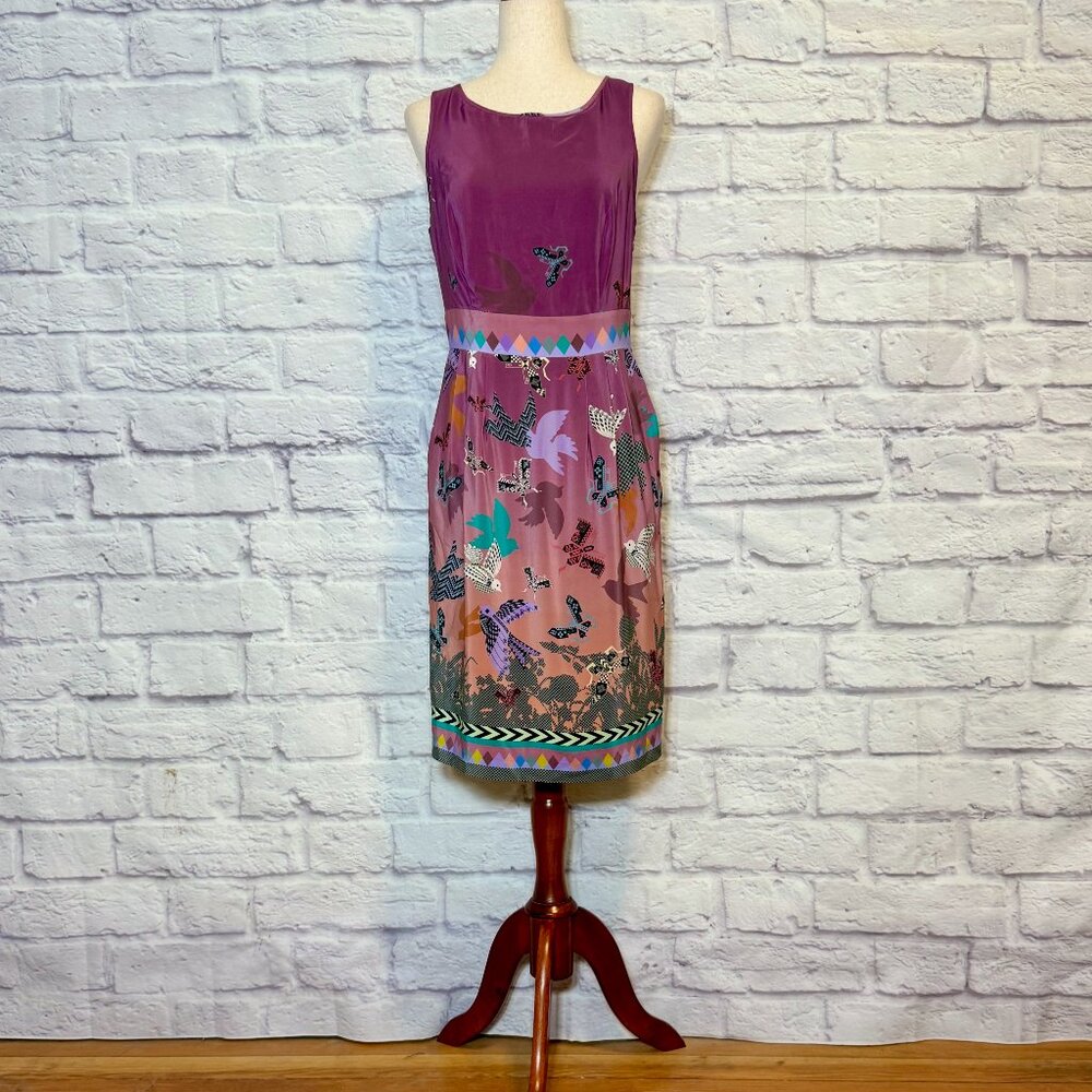 Anthropologie Heyhoe Purple Silk Geometric Animal Print Knee-Length Dress